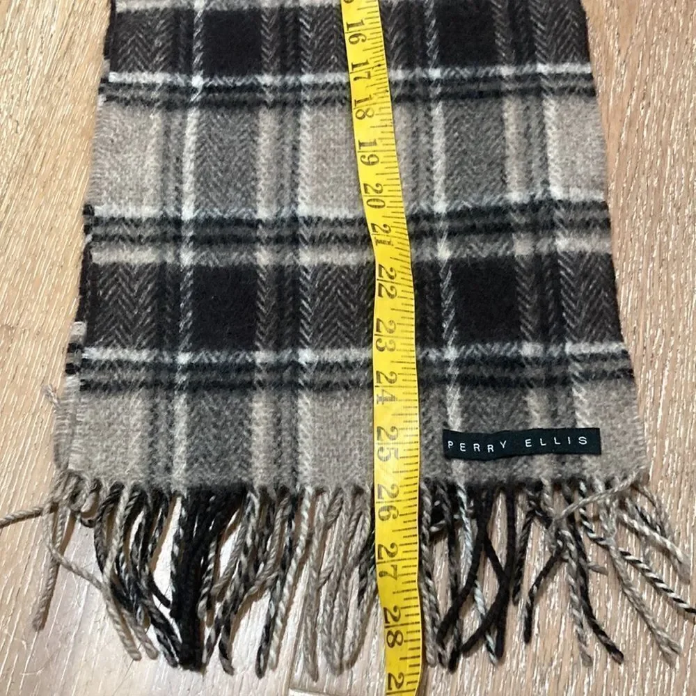 Perry Ellis dark brown and tan plaid wool scarf.